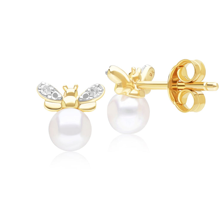 Honeycomb Inspired Pearl and Diamond Bee Stud Earrings in 9ct Yellow Gold