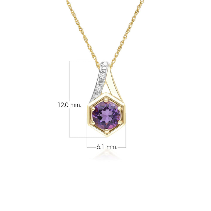 Geometric Hexagon with Prong set Round Amethyst and Diamond Pendant Necklace in 9ct Yellow Gold