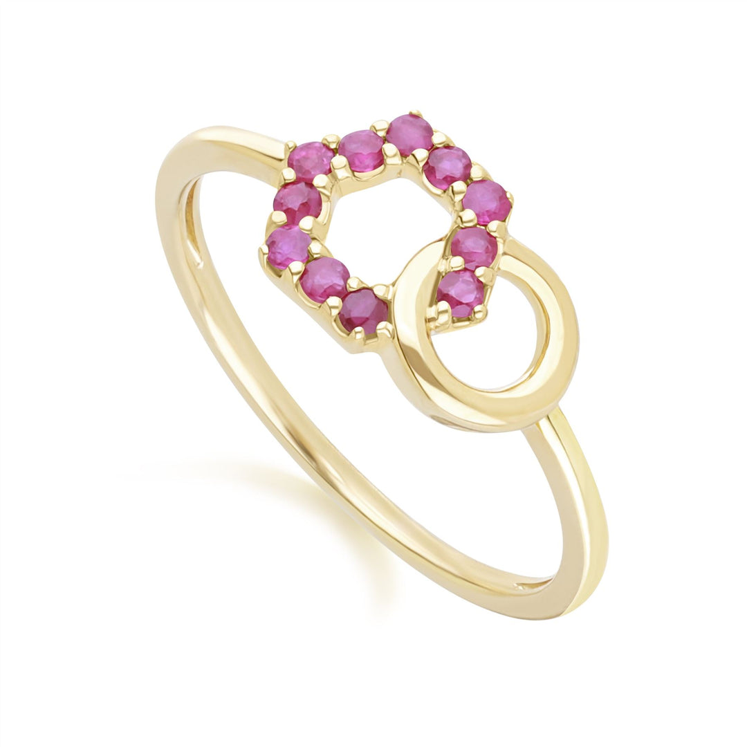 Geometric Hexagon and Round Linked with Prong Set Ruby Ring in 9ct Yellow Gold