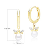 Honeycomb Inspired Pearl and Diamond Bee Hoop Earrings in 9ct Yellow Gold