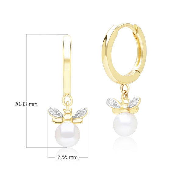 Honeycomb Inspired Pearl and Diamond Bee Hoop Earrings in 9ct Yellow Gold