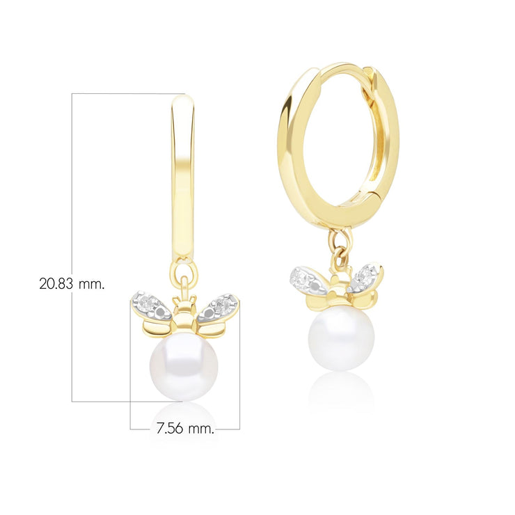 Honeycomb Inspired Pearl and Diamond Bee Hoop Earrings in 9ct Yellow Gold