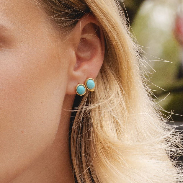 Classic Oval Turquoise Drop Stud Earrings in 9ct Yellow Gold