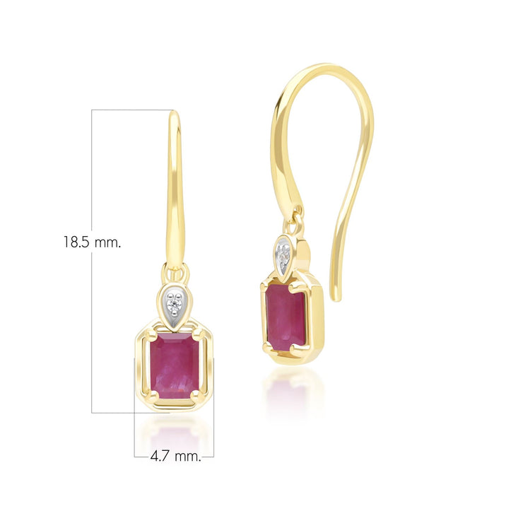 Classic Ruby Baguette & Diamond Drop Earrings In 9ct Yellow Gold