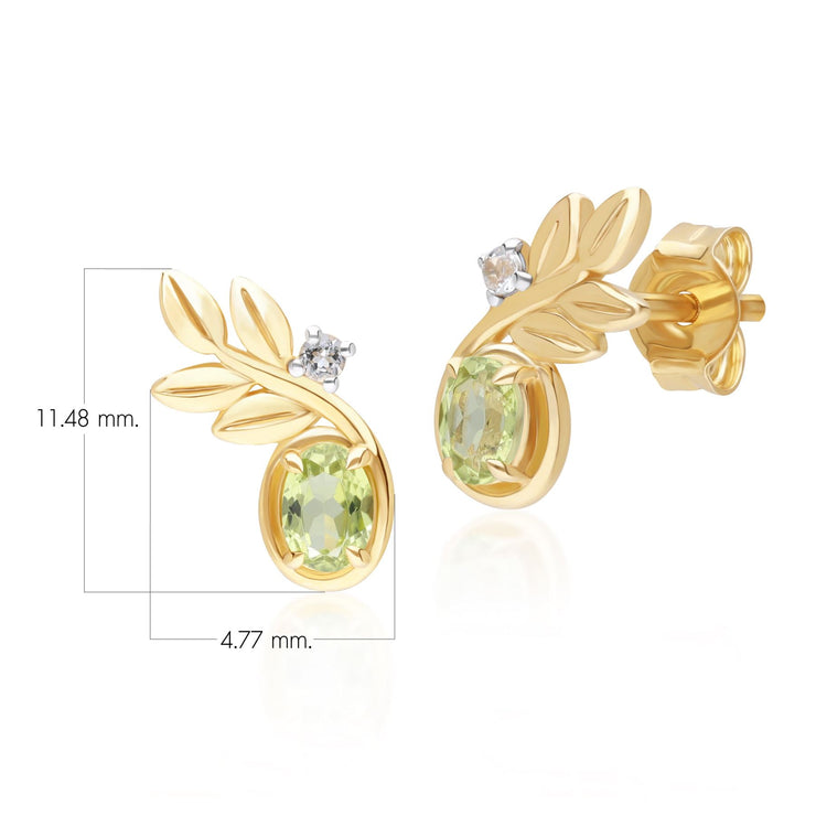 O Leaf Peridot & Diamond Stud Earrings In 9ct Yellow Gold