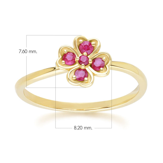 Gardenia Round Ruby Clover Ring in 9ct Yellow Gold
