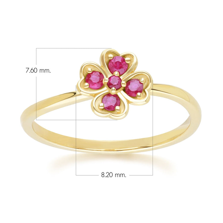 Gardenia Round Ruby Clover Ring in 9ct Yellow Gold