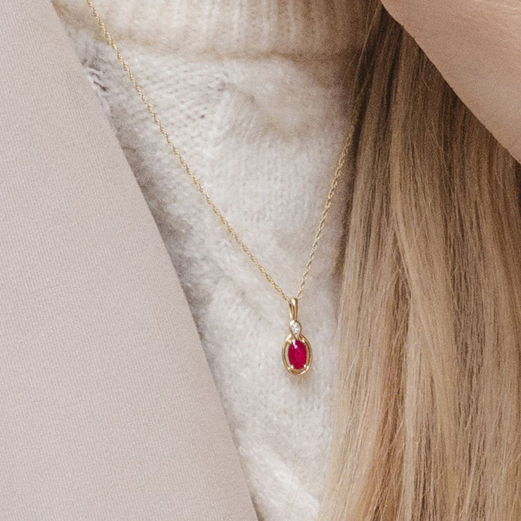 Classic Oval Ruby & Round Diamond Pendant Necklace In 9ct Yellow Gold