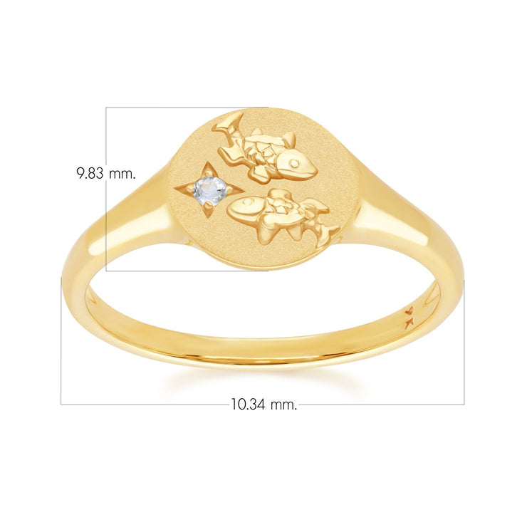 Zodiac Aquamarine Pisces Signet Ring In 9ct Yellow Gold
