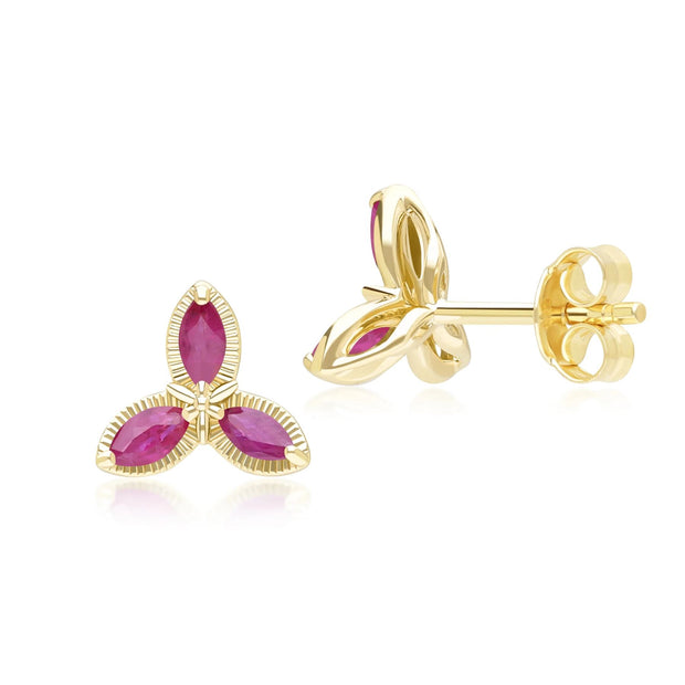 Floral Marquise Ruby Stud Earrings in 9ct Yellow Gold