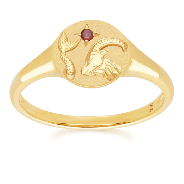 Zodiac Garnet Capricorn Signet Ring In 9ct Yellow Gold