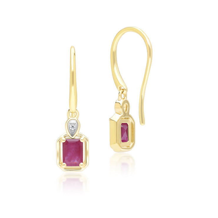 Classic Ruby Baguette & Diamond Drop Earrings In 9ct Yellow Gold
