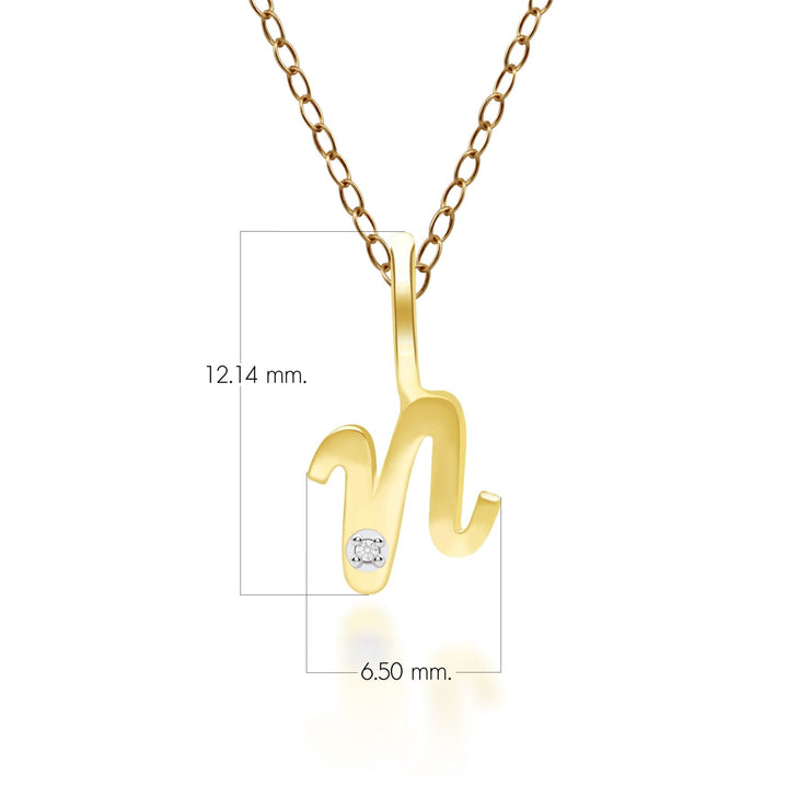 Alphabet Letter N Diamond pendant in 9ct Yellow Gold