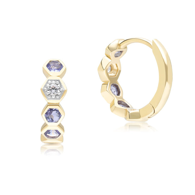 Geometric Round Tanzanite and Sapphire Hoop Earrings in 9ct Yellow Gold