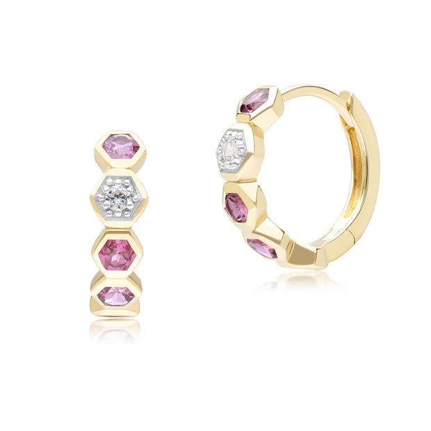 Geometric Round Rhodolite and Sapphire Hoop Earrings in 9ct Yellow Gold