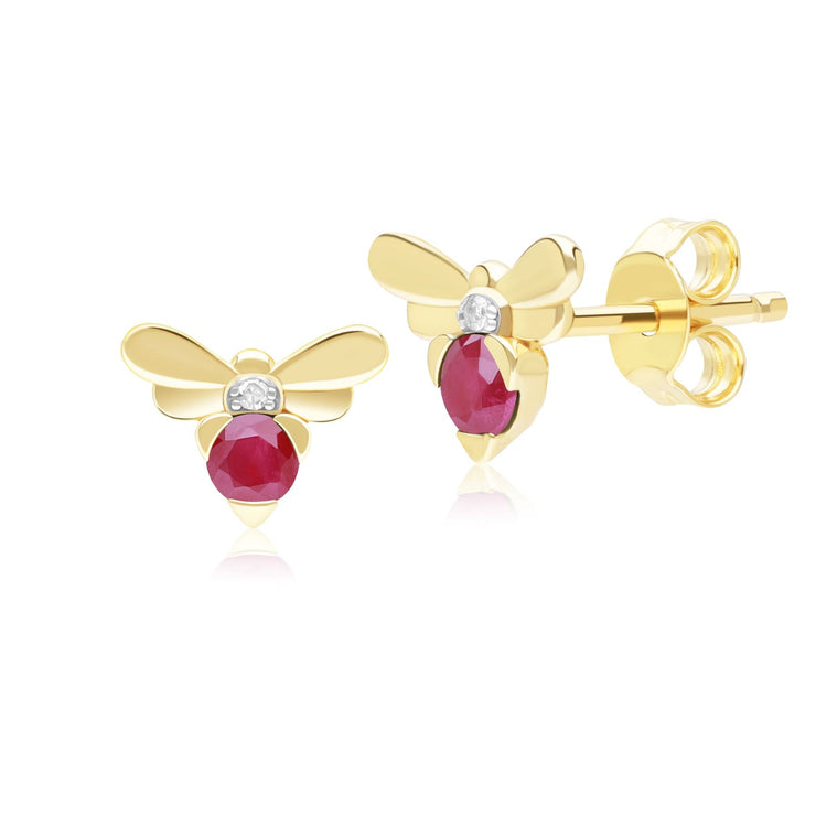 Honeycomb Inspired Ruby and Diamond Bee Stud Earrings in 9ct Yellow Gold