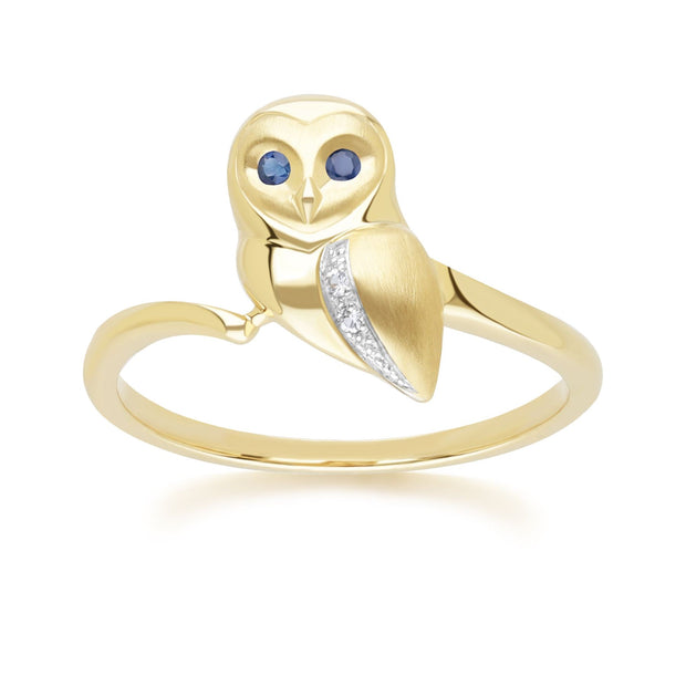 Gardenia Sapphire and White Sapphire Owl Ring in 9ct Yellow Gold