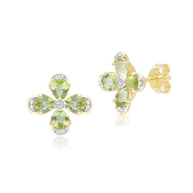 Floral Peridot & Diamond Stud Earrings in 9ct Yellow Gold