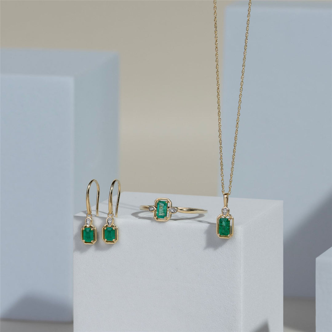 Classic Emerald Baguette & Diamond Drop Earrings In 9ct Yellow Gold