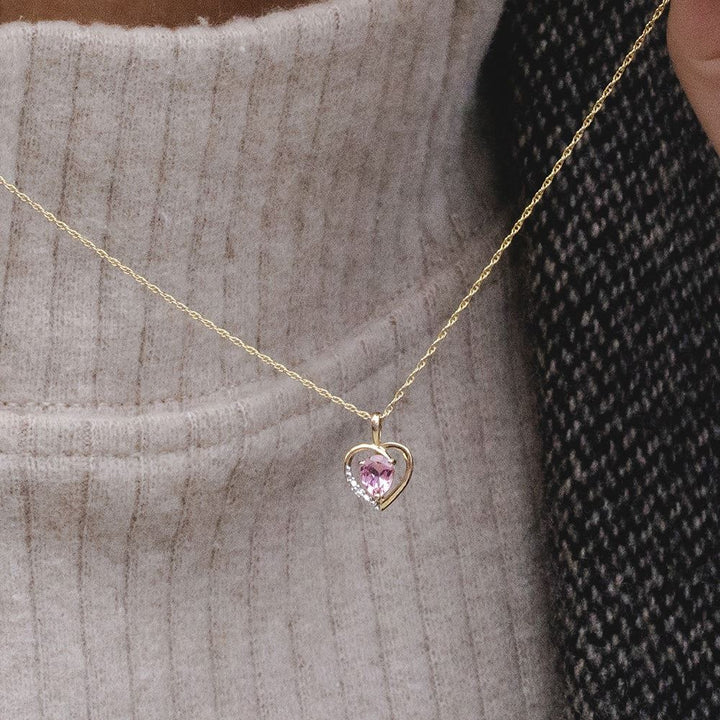 classic-pear-pink-tourmaline-diamond-heart-pendant-necklace-in-9ct-yellow-gold-135p2144059 on Model