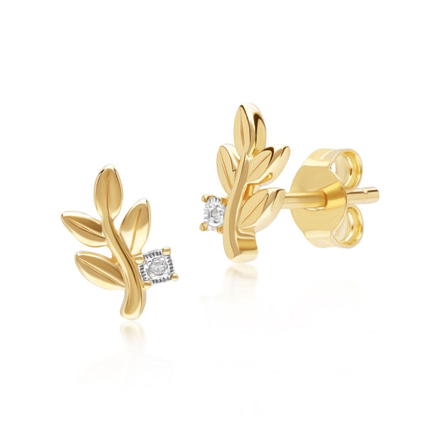 O leaf Diamond Stud Earrings In 9ct Yellow Gold