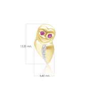 Gardenia Ruby and White Sapphire Owl Pin in 9ct Yellow Gold