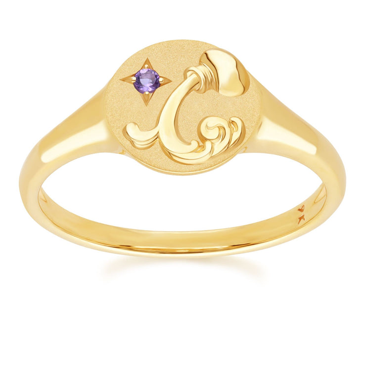 Zodiac Amethyst Aquarius Signet Ring In 9ct Yellow Gold