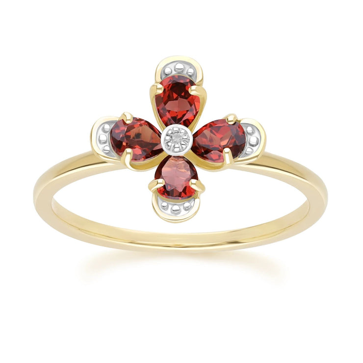 Floral Garnet & Diamond Ring in 9ct Yellow Gold