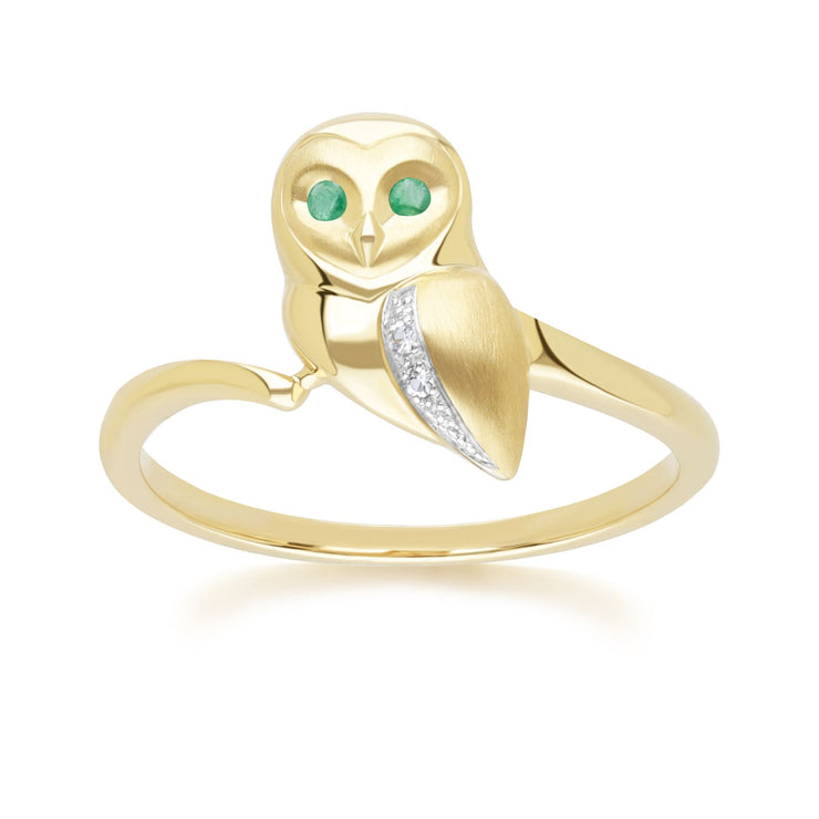 Gardenia Emerald and White Sapphire Owl Ring in 9ct Yellow Gold