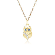 Gardenia Sapphire and White Sapphire Owl Pendant Necklace in 9ct Yellow Gold