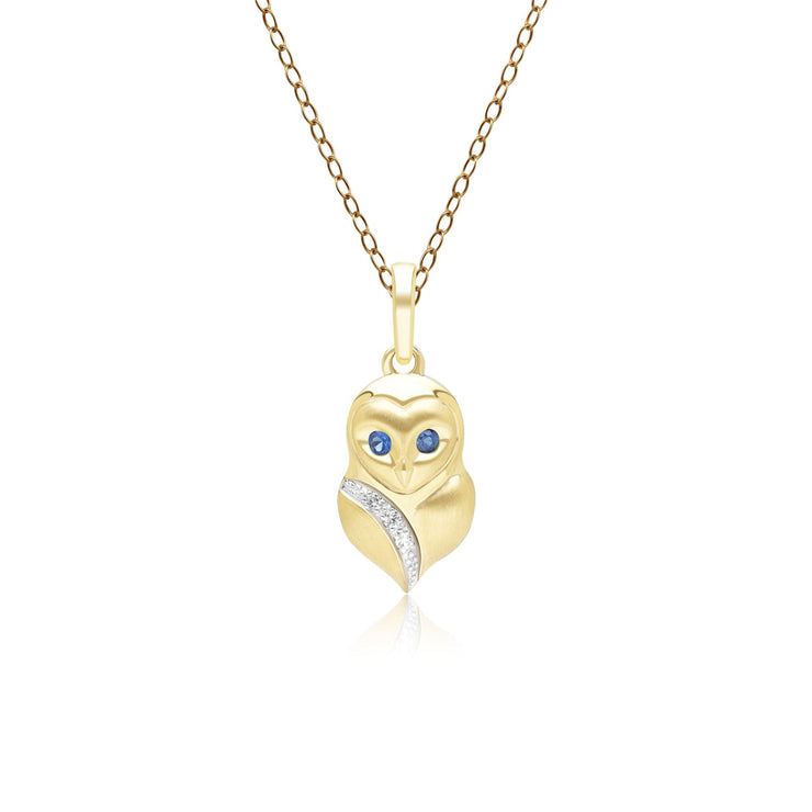 Gardenia Sapphire and White Sapphire Owl Pendant Necklace in 9ct Yellow Gold