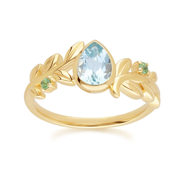 O Leaf Sky Blue topaz & Tsavorite Ring In 9ct Yellow Gold