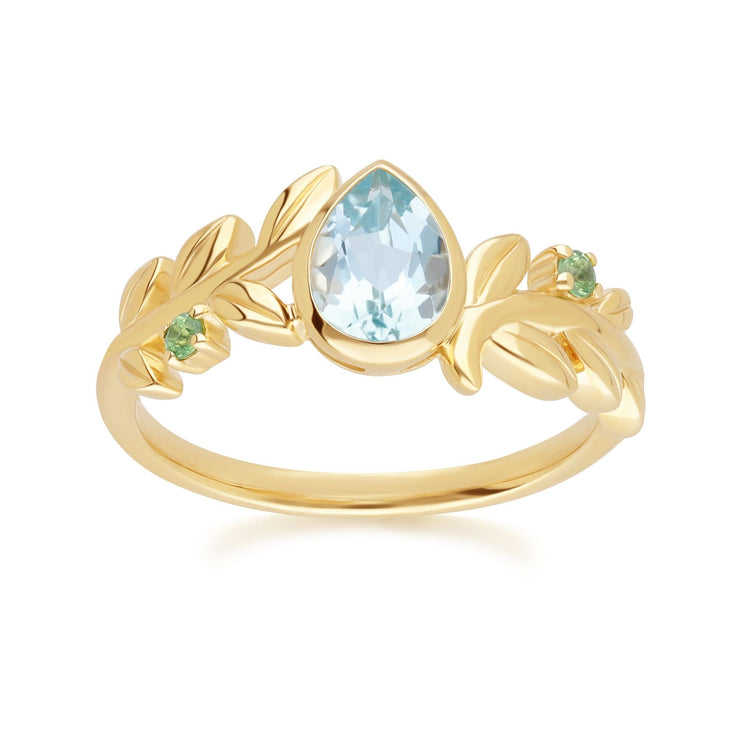 O Leaf Sky Blue topaz & Tsavorite Ring In 9ct Yellow Gold