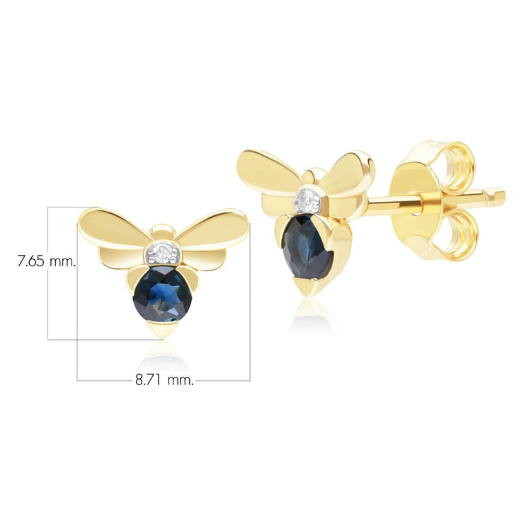 Honeycomb Inspired Blue Sapphire and Diamond Bee Stud Earrings in 9ct Yellow Gold