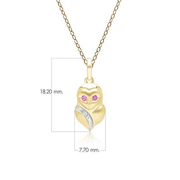 Gardenia Ruby and White Sapphire Owl Pendant Necklace in 9ct Yellow Gold