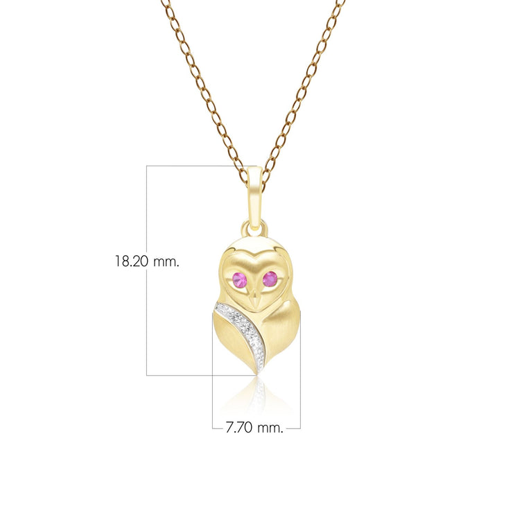 Gardenia Ruby and White Sapphire Owl Pendant Necklace in 9ct Yellow Gold