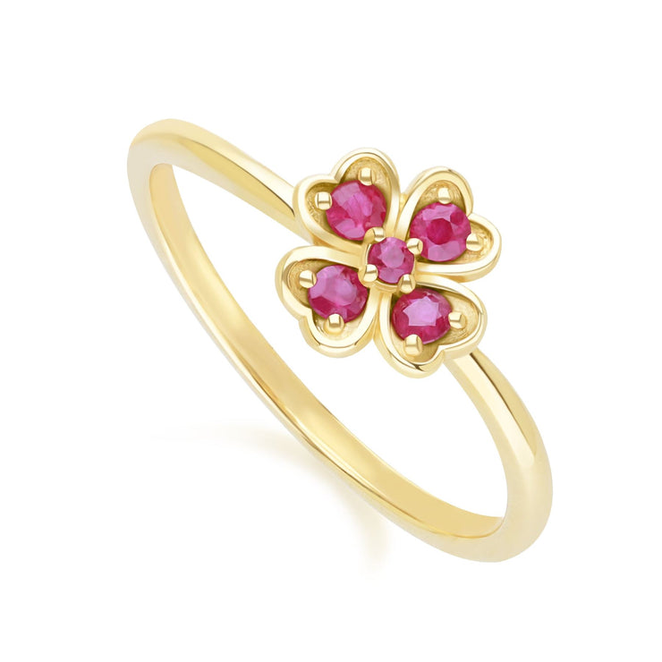 Gardenia Round Ruby Clover Ring in 9ct Yellow Gold