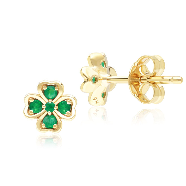 Gardenia Round Emerald Clover Stud Earrings in 9ct Yellow Gold