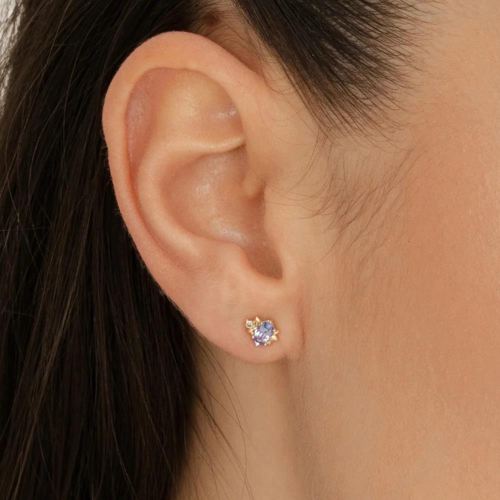 Classic Oval Tanzanite & Diamond Stud Earrings in 9ct Yellow Gold