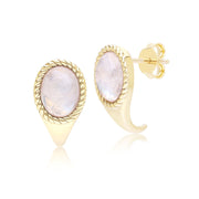 Classic Oval Rainbow Moonstone Drop Stud Earrings in 9ct Yellow Gold
