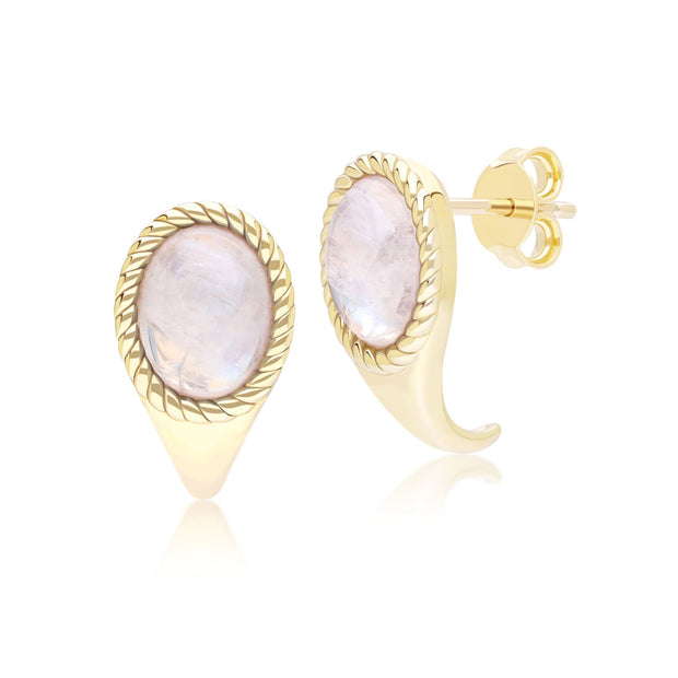 Classic Oval Rainbow Moonstone Drop Stud Earrings in 9ct Yellow Gold