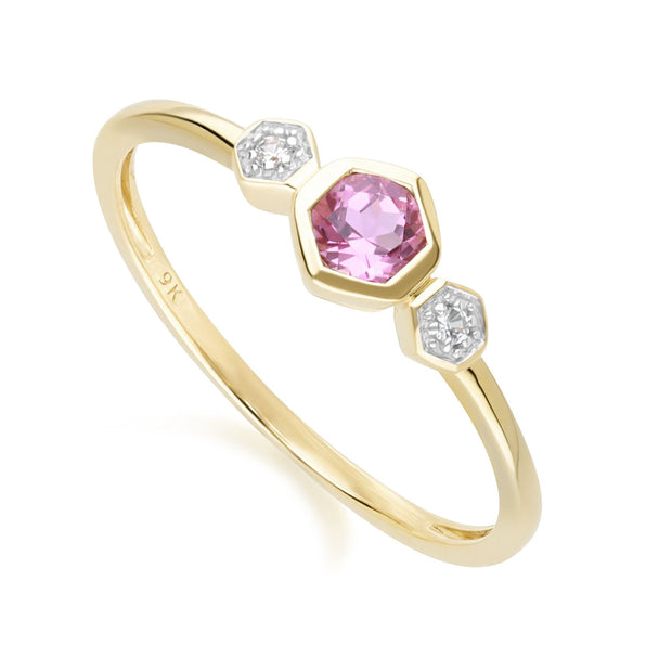 Geometric Round Pink Tourmaline and Sapphire Ring in 9ct Yellow Gold