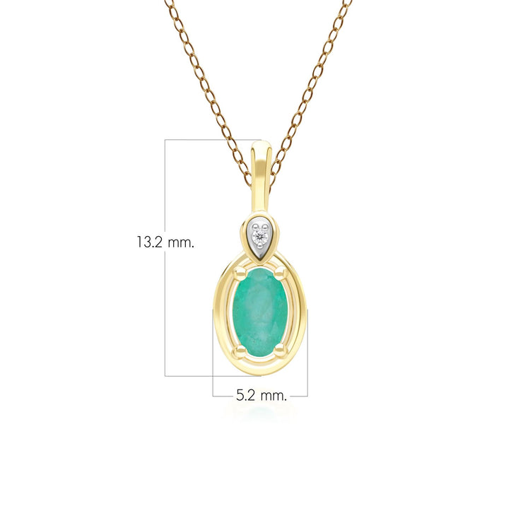Classic Oval Emerald & Round Diamond Pendant Necklace In 9ct Yellow Gold
