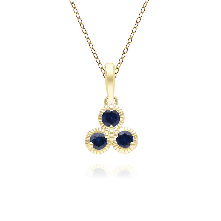 Floral Sapphire Three Stone Pendant Necklace in 9ct Yellow Gold