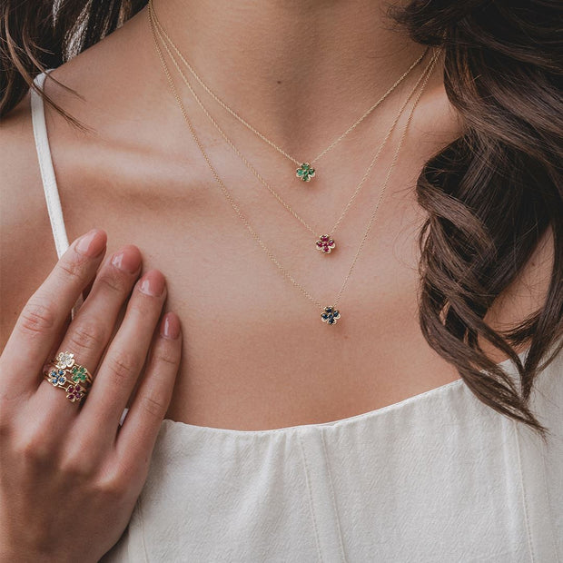 Gardenia Round Emerald Clover Pendant Necklace in 9ct Yellow Gold