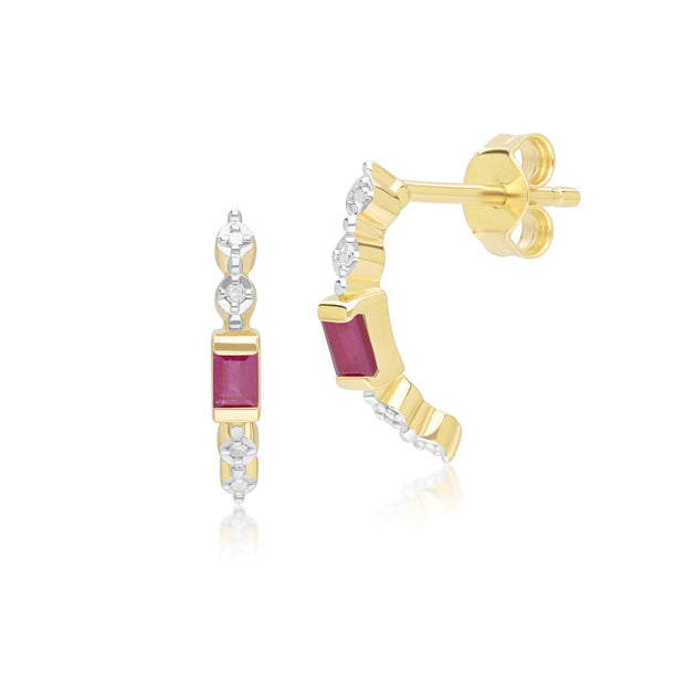 Classic Baguette Ruby & Diamond Half Eternity Hoop Earrings in 9ct Yellow Gold