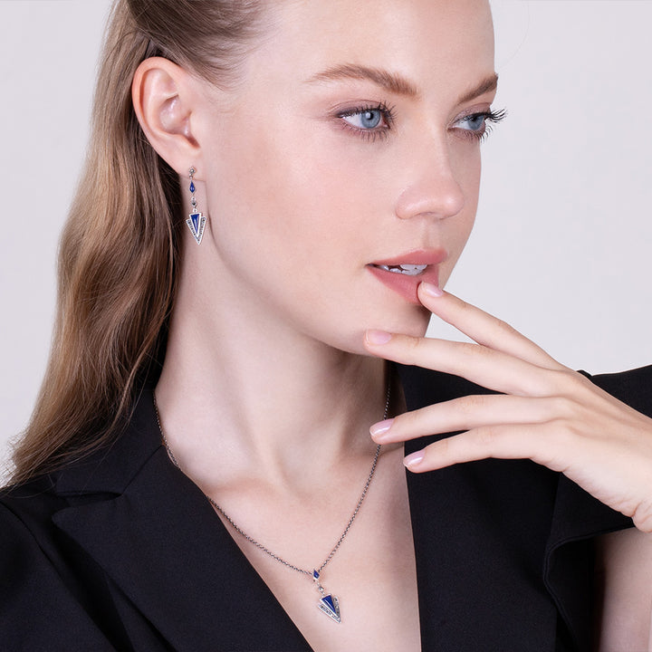 Art Deco Style Style Triangle Lapis Lazuli & Marcasite Drop Earrings & Necklace Set in 925 Sterling Silver