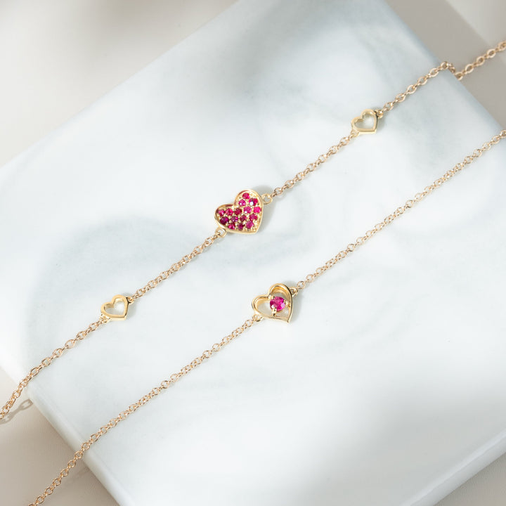 Love You More Ruby Heart Bracelet in 9ct Yellow Gold