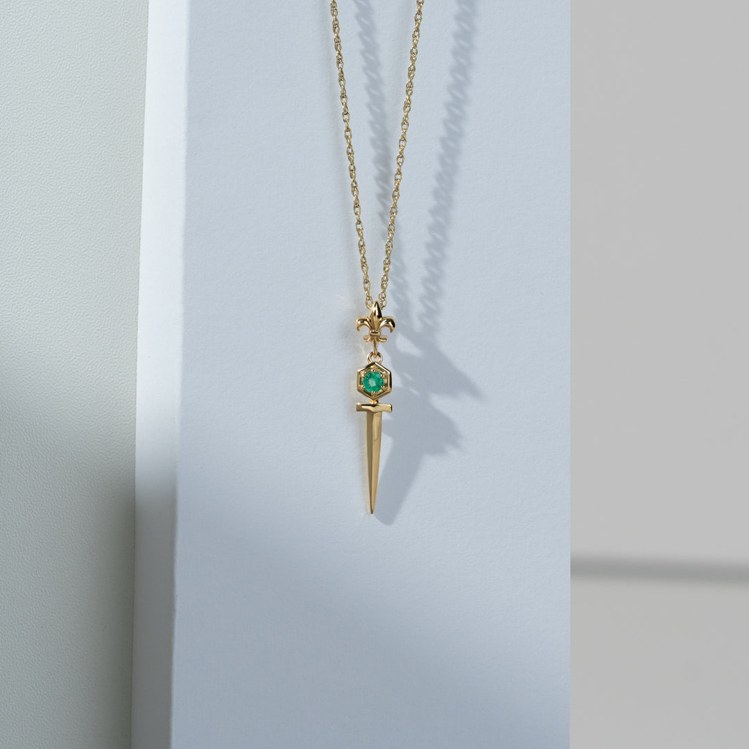 ECFEW™ Emerald Sword Pendant Necklace In 9ct Yellow Gold