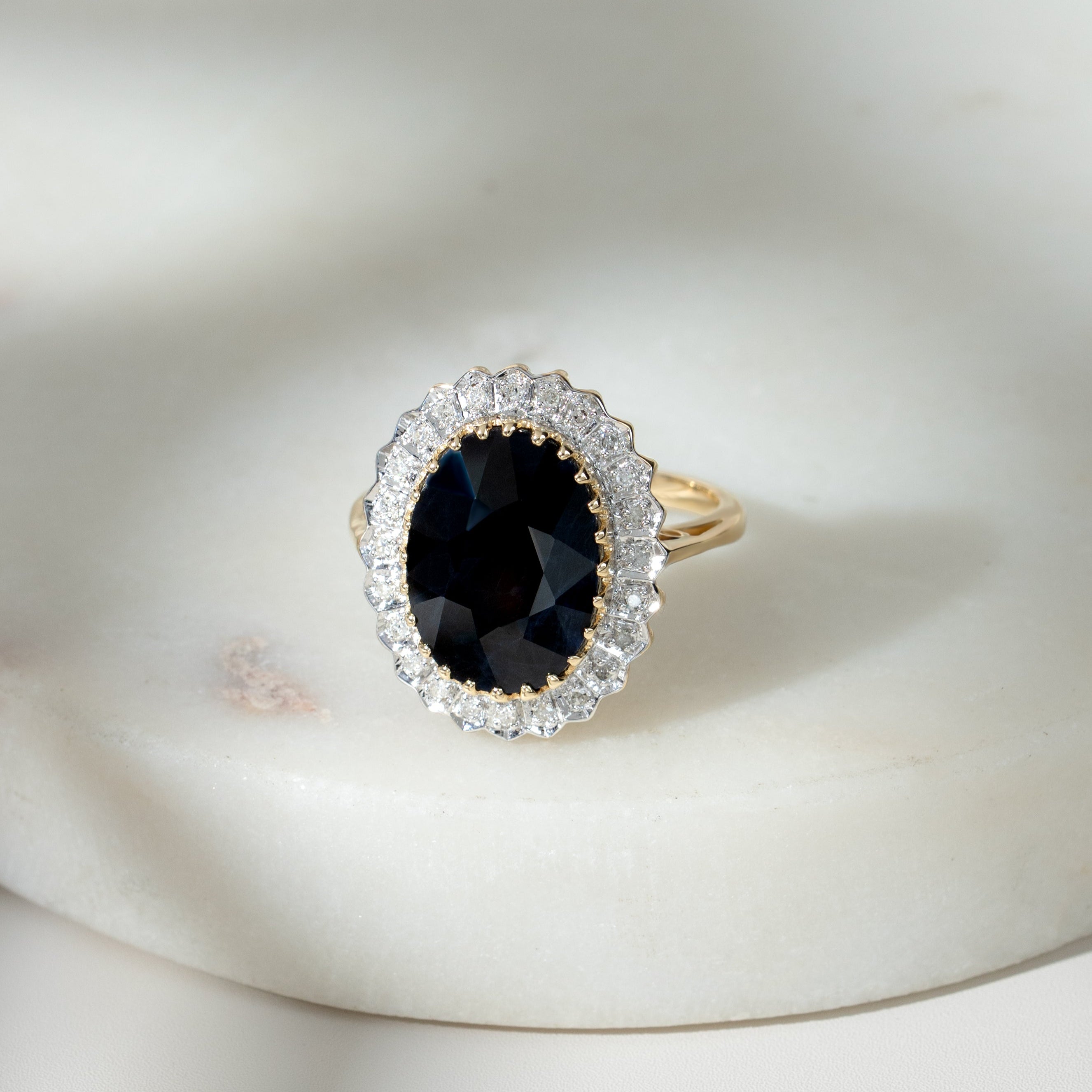 Classic Dark Sapphire & Diamonds Luxe Ring in 9ct Gold 